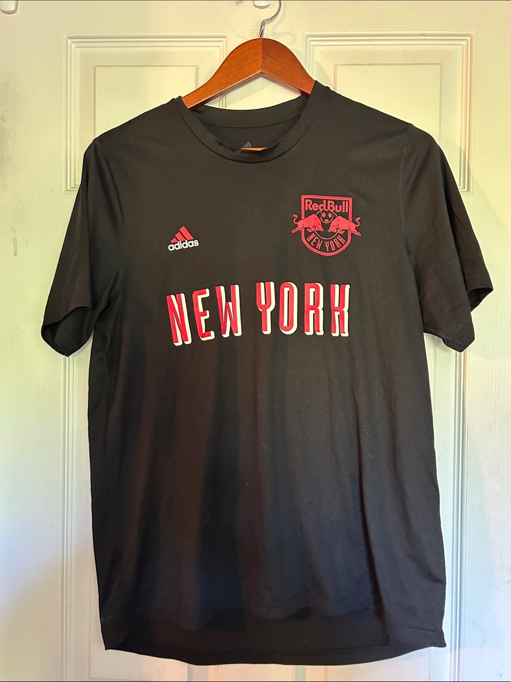 adidas Black New York Red Bulls Graphic Tee with Red Accents